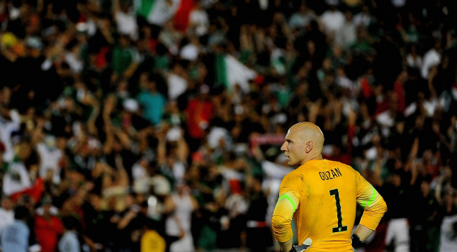 PASADENA CA- OCTOBER 10 Brad Guzan #1 of the United States reacts after allowing Mexico to score the game winning goal during the 2017 FIFA Confederations Cup Qualifier at Rose Bowl