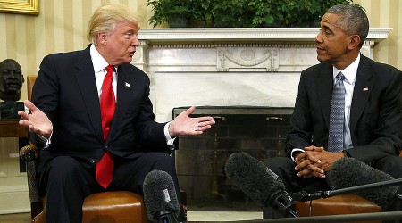 U.S. President Barack Obama meets with President-elect Donald Trump to discuss transition plans in the White House Oval Office in Washington U.S