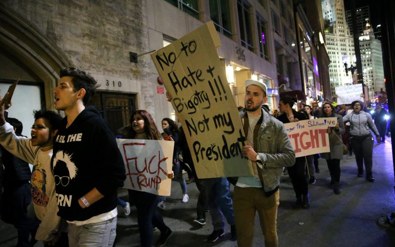 People protest the election of Donald Trump on Michigan Avenue in downtown Chicago on Thursday Nov. 10 2016