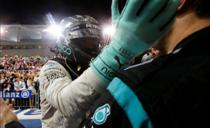 World Champion Nico Rosberg Mercedes AMG F1 celebrates in parc ferme