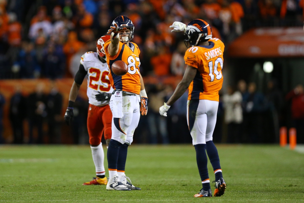 DENVER CO- NOVEMBER 27 Tight end A.J. Derby #83 of the Denver Broncos celebrates a first down in overtime against the Kansas City Chiefs at Sports Authority Field at Mile High