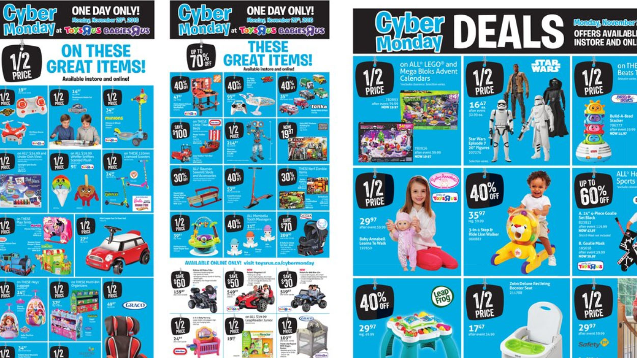 A flyer shows Cyber Monday deals at Toys R Us on Nov. 28 2016. Screengrab via