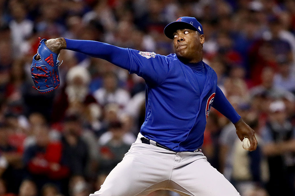 CLEVELAND OH- NOVEMBER 02 Aroldis Chapman #54 of the Chicago Cubs throws a pitch during the eighth inning against the Cleveland Indians in Game Seven of the 2016 World Series at Progressive Field