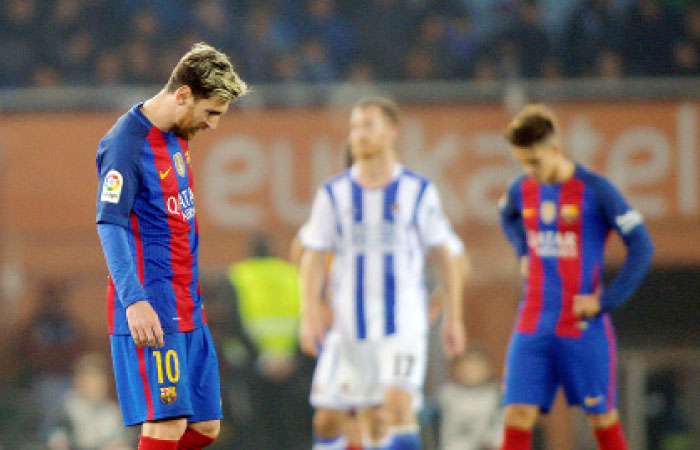 Barcelona›s Lionel Messi reacts after their match against Real Sociedad in San Sebastian Sunday.- Reuters