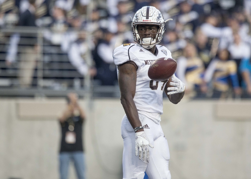 Oct 15 2016 Akron OH USA Western Michigan Broncos wide receiver Corey Davis tosses the ball after scoring a touchdown during the third quarter against the Akron Zips at Info Cision Stadium. Western Michigan Broncos won 41-0. Mandatory Credit Jas