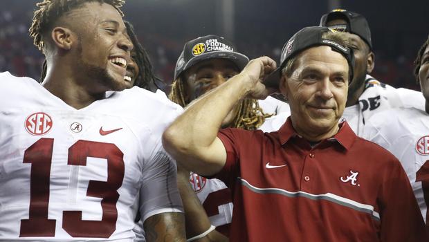 Alabama Crimson Tide head coach Nick Saban wears a hat backwards after the SEC Championship college football game against the Florida Gators at Georgia Dome on Dec. 3 2016 in Atlanta Georgia. JASON GETZ-USA TODAY SPORTS