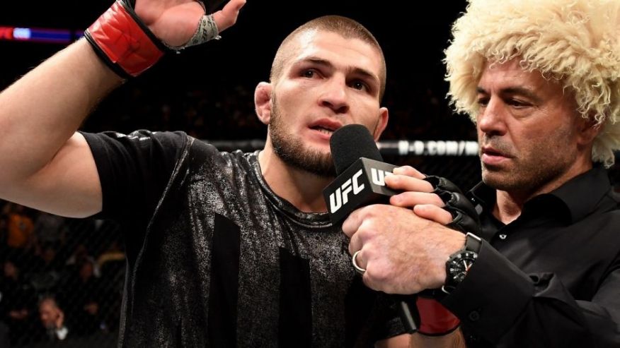 NEW YORK NY- NOVEMBER 12 Khabib Nurmagomedov of Russia is awarded victory by KO over Michael Johnson of the United States in their lightweight bout during the UFC 205 event at Madison Square Garden