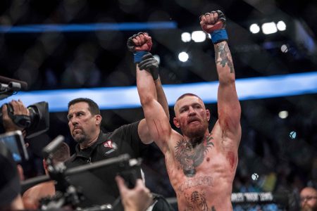 Conor Mc Gregor reacts to his victory over Nate Diaz during UFC 202