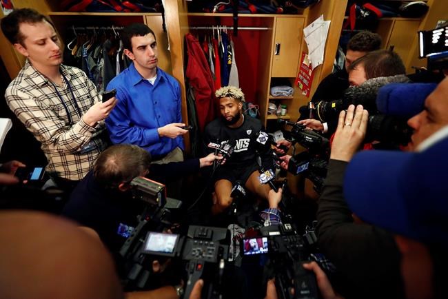 New York Giants wide receiver Odell Beckham talks to reporters during NFL football practice Wednesday Dec. 7 2016 in East Rutherford N.J. The Giants will play the Dallas Cowboys who are 11-1 on Sunday