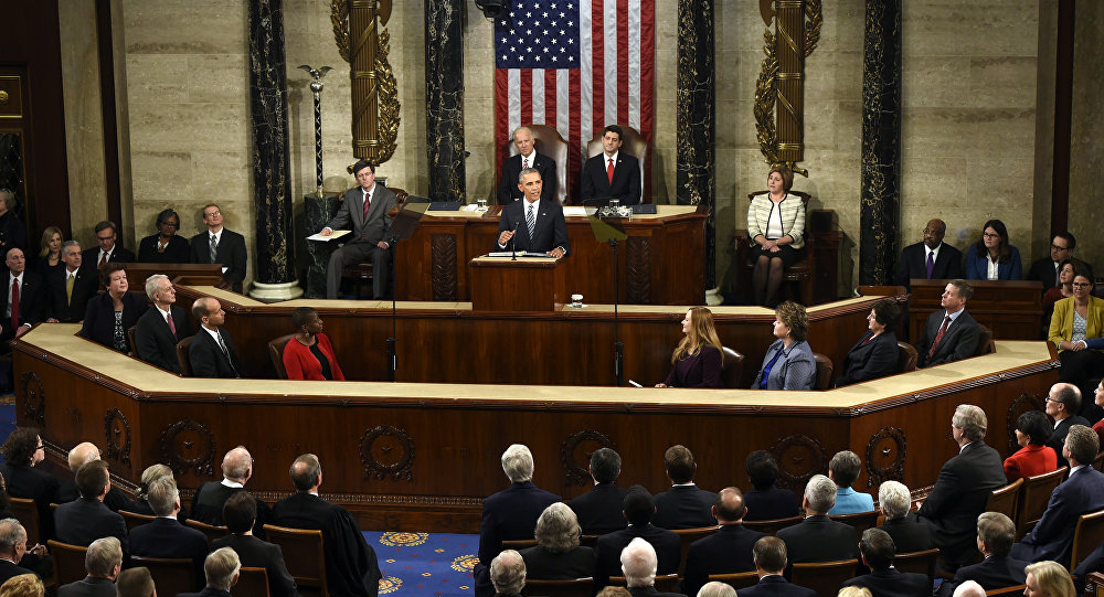 US President Barack Obama speaks during the State of the Union Address during a Joint Session of Congress at the US Capitol in Washington DC