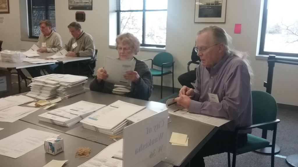 Election workers sift through ballots in Waukesha County on Wednesday