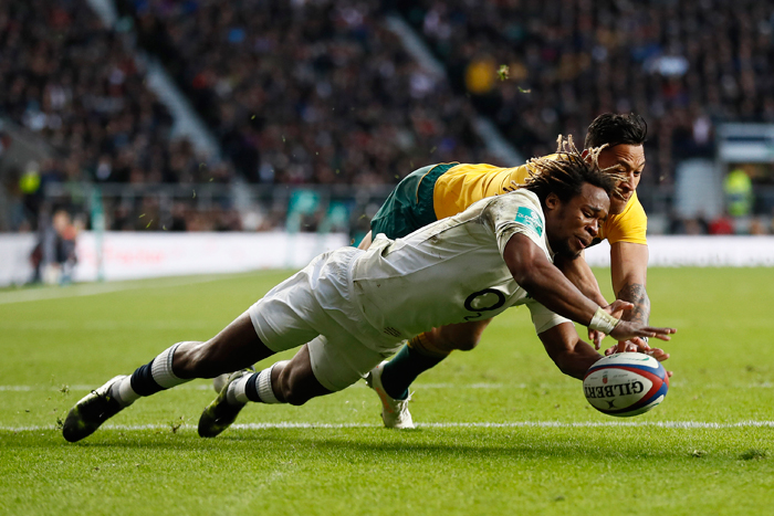 England's Marland Yarde scores its second try against Australia during their rugby match at Twickenham Stadium London Saturday. — Reuters