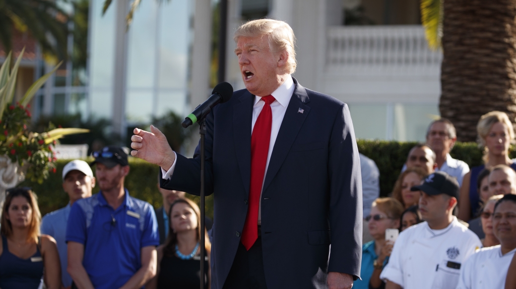 Trump speaks at his National Doral golf club in Florida. He repeatedly showcased his properties and hotels throughout the presidential campaign