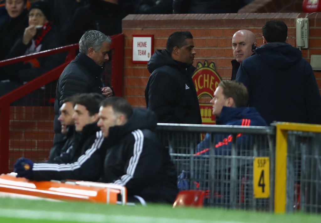 MANCHESTER ENGLAND- NOVEMBER 27 Jose Mourinho Manager of Manchester United makes his way to the stands after being sent there by their by the referee during the Premier League match between Manchester United and West Ham United at Old Trafford on Nov