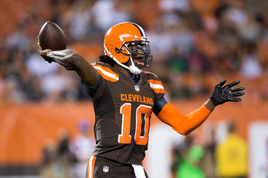 01 September 2016 Cleveland Browns QB Robert Griffin III throws a pass during the first half of the National Football League Preseason game between the Chicago Bears and Cleveland Browns at First Energy Stadium in Cleveland OH. Chicago defeated Clev