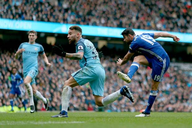 Chelsea's Diego Costa scores his sides first goal of the game during the Premier League match at the Etihad Stadium Manchester. Pic Richard Sellers  PA Wire