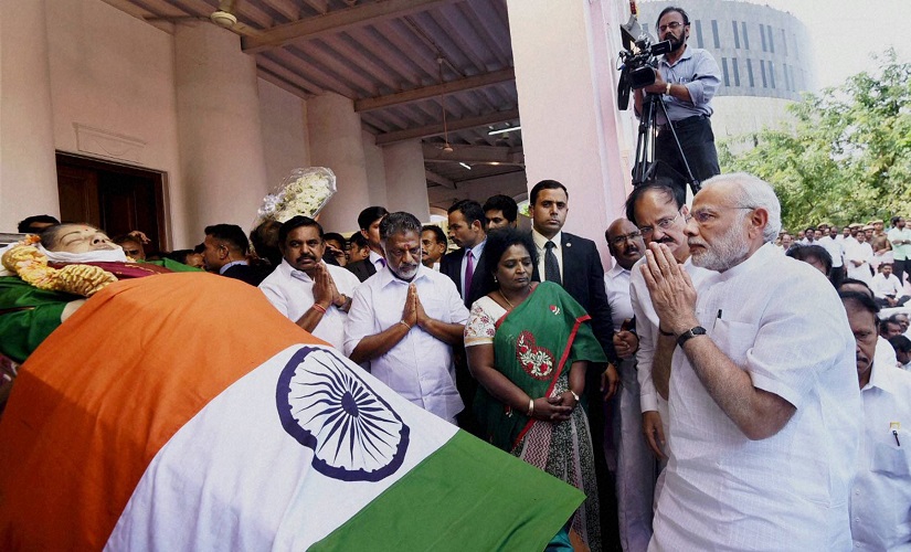 Prime Minister Narendra Modi pays his last respects to Tamil Nadu's former chief minister Jayaram Jayalalithaa at Rajaji Hall in Chennai on Tuesday. PTI