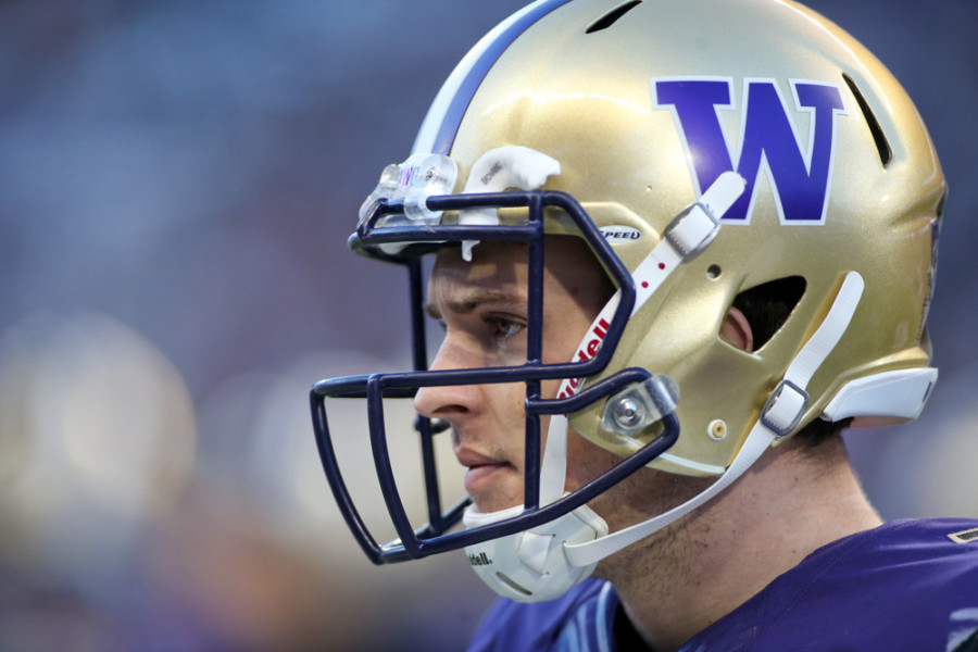 22 October 2016 Washington's Jake Browning watches from the sidelines against Oregon State. Washington defeated Oregon State 41-17 at the University of Washington in Seattle WA