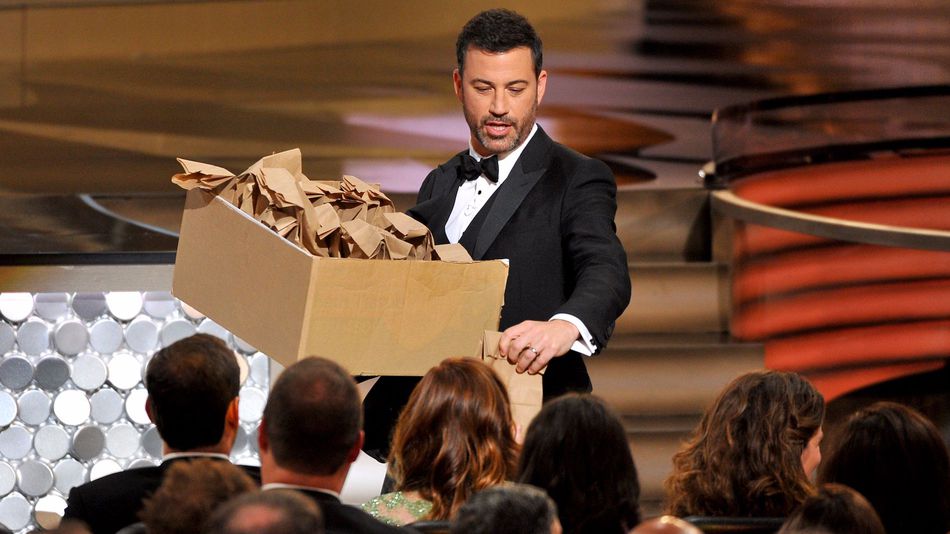 Jimmy Kimmel hands out peanut butter and jelly sandwiches at the 68th Primetime Emmy Awards on Sept. 18 2016