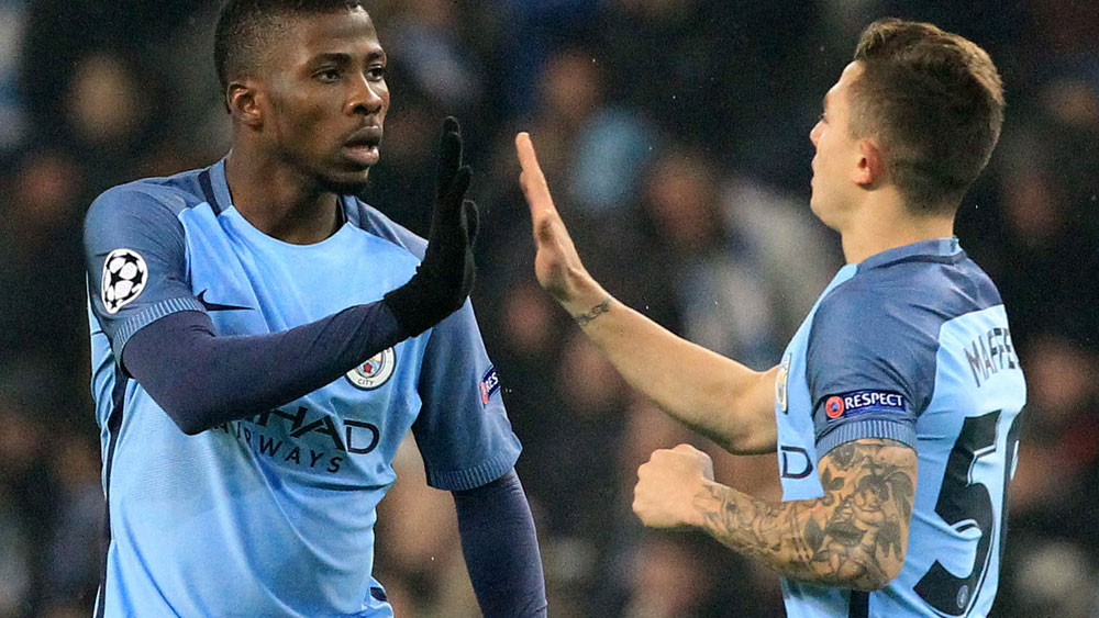 Kelechi Iheanacho celebrates after scoring during Manchester City's draw with Celtic