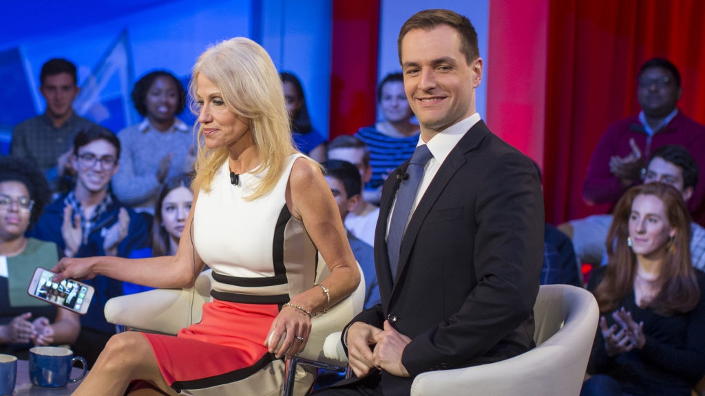 Trump Campaign Manager Kellyanne Conway and Clinton Campaign Manager Robby Mook speak during the event titled'War Stories Inside Campaign 2016 at the Harvard Institute of Politics Forum