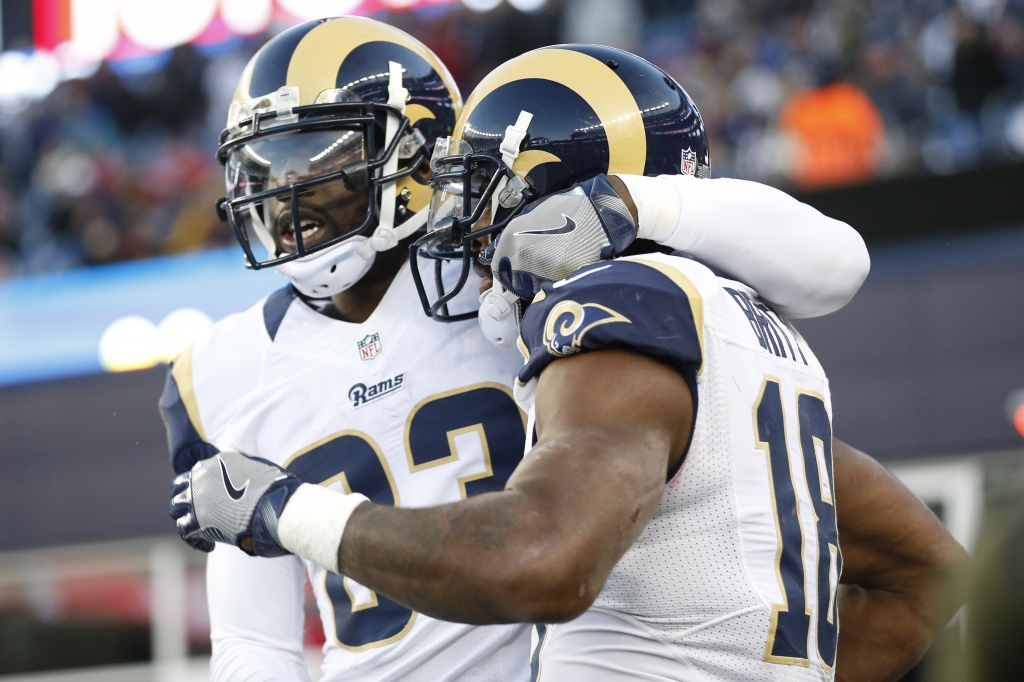 Dec 4 2016 Foxborough MA USA Los Angeles Rams wide receiver Brian Quick congratulates wide receiver Kenny Britt after a touchdown during the fourth quarter against the New England Patriots at Gillette Stadium. The New England Patriots won