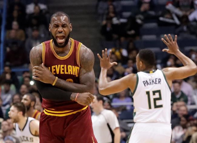 Cleveland Cavaliers&#039 Le Bron James reacts to no call being called on his shot during the second half of an NBA basketball game against the Milwaukee Bucks Tuesday Nov. 29 2016 in Milwaukee