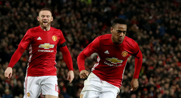 Manchester United’s Anthony Martial celebrates scoring his side’s second goal of the game at Old Trafford