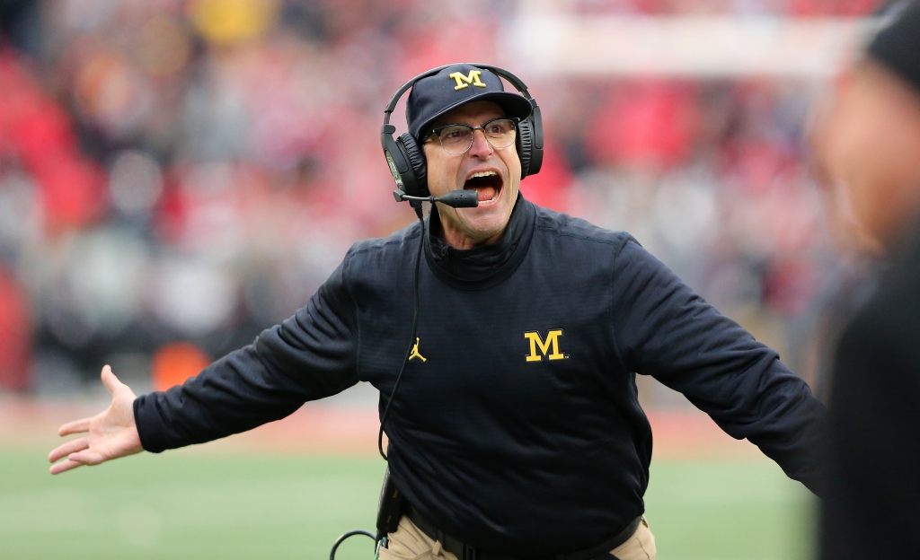 Nov 26 2016 Columbus OH USA Michigan Wolverines head coach Jim Harbaugh reacts during the third quarter against the Ohio State Buckeyes at Ohio Stadium. Ohio State won 30-27. Mandatory Credit Joe Maiorana-USA TODAY Sports