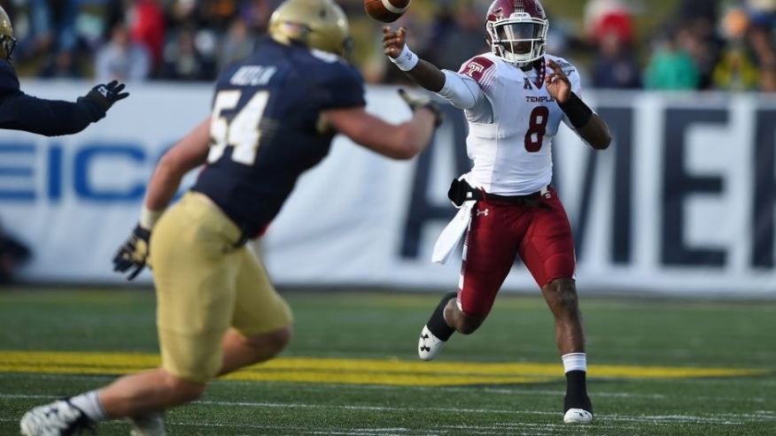 Dec 3 2016 Annapolis MD USA Temple Owls quarterback Phillip Walker passes as Navy Midshipmen linebacker Taylor Heflin drops back in coverage during the second quarter at Navy Marine Corps Memorial Stadium. Mandatory Credit Tommy Gilligan-US