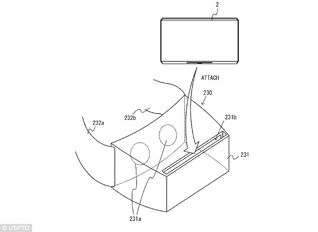 A patent illustration suggests that the console's handheld screen would be slotted into VR headset while the user would use the detachable hand controllers to play