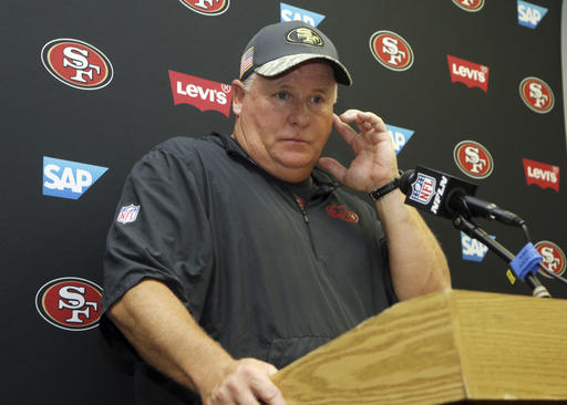 San Francisco 49ers head coach Chip Kelly speaks during a post-game news conference at the end of an NFL football game Sunday Nov. 27 2016 in Miami Gardens Fla. The Dolphins defeated the 49ers 31-24