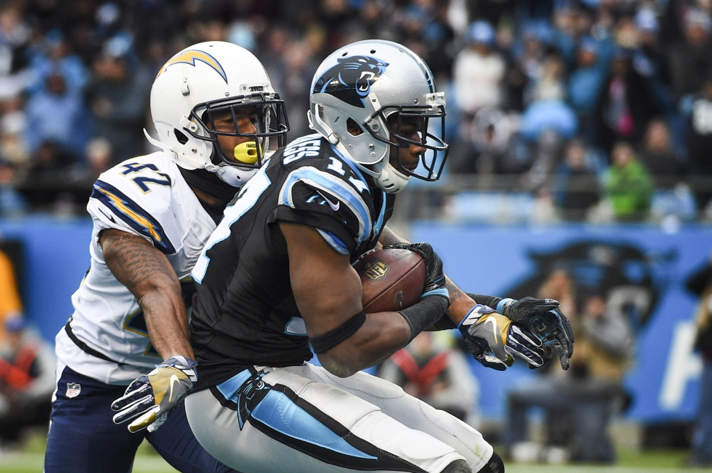 Dec 11 2016 Charlotte NC USA Carolina Panthers wide receiver Devin Funchess catches a touchdown as San Diego Chargers cornerback Trevor Williams defends in the second quarter at Bank of America Stadium. Mandatory Credit Bob Donnan-USA TODA