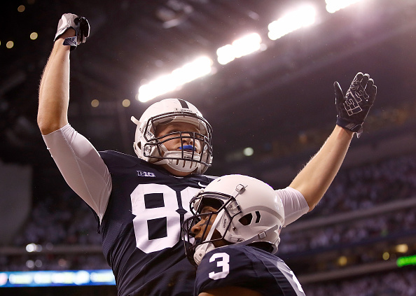 INDIANAPOLIS IN- DECEMBER 03 Mike Gesicki #88 of the Penn State Nittany Lions celebrates with De Andre Thompkins #3 of the Penn State Nittany Lions after catching a touchdown pass in the first quarter of the Big Ten Championship against the Wisconsin B