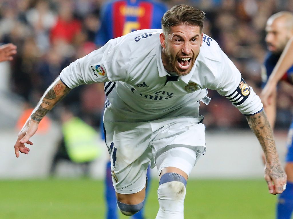 Real Madrid's defender Sergio Ramos celebrates after scoring a goal during the Spanish league football