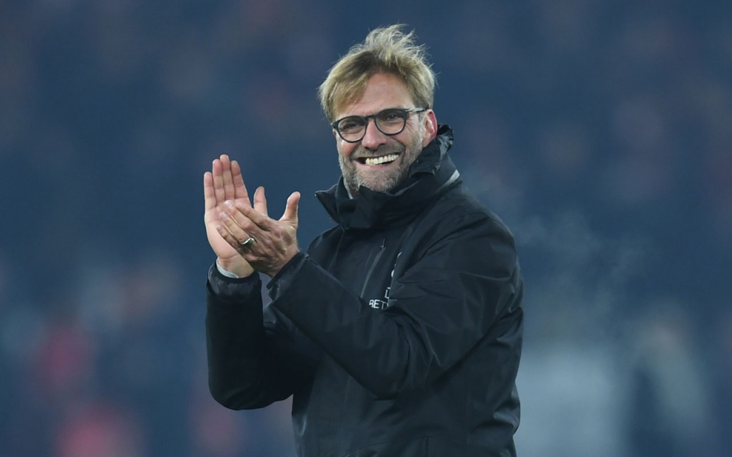 Liverpool's German manager Jurgen Klopp gestures to the crowd at the end of the English Premier League football match between Liverpool and Sunderland at Anfield in Liverpool north west England