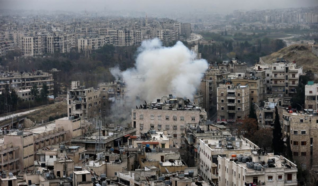 Smoke rises after rebel fighters launch a mortar shell on residential neighborhood in west Aleppo Syria Monday Dec. 5 2016