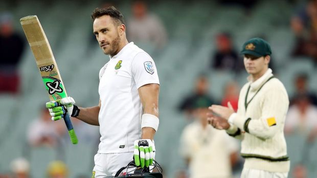 Crowd target Faf du Plessis celebrates his century during day one of the third Test