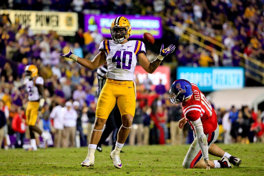 Oct 22 2016 Baton Rouge LA USA LSU Tigers linebacker Duke Riley celebrates as Mississippi Rebels quarterback Chad Kelly looks on following a defensive stop during the second half of a game at Tiger Stadium. LSU defeated Mississippi 38-21. M