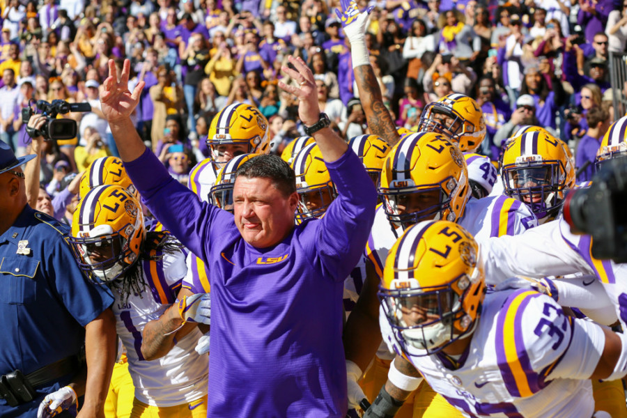 BATON ROUGE LA- NOVEMBER 19 LSU Tigers head coach Ed Orgeron comes out the tunnel with the team during the game between the Florida Gators and the LSU Tigers