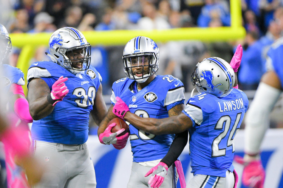 Detroit Lions cornerback Darius Slay celebrates his late interception with Detroit Lions cornerback Nevin Lawson during the game on Sunday afternoon Ford Field Detroit Michigan