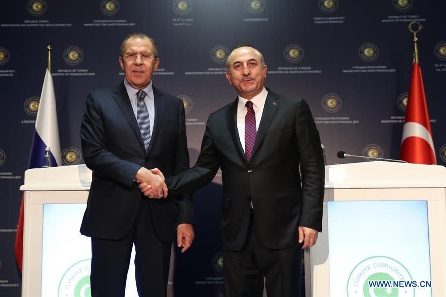 Visiting Russian Foreign Minister Sergei Lavrov shakes hands with his Turkish counterpart Mevlut Cavusoglu during a joint news conference in Alanya Turkey on Dec. 1 2016. Neither Syria nor Russia attacked Turkish soldiers in northern Syria on Nov