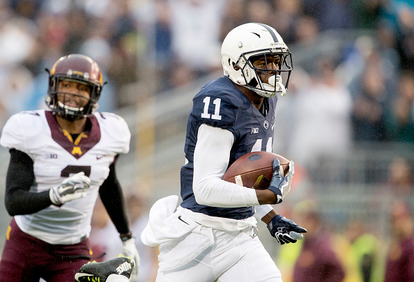 Penn State wide receiver Irvin Charles runs down the field with the ball ahead of Minnesota defenders at Beaver Stadium in State College Pa. on Saturday Oct. 1 2016. Penn State won 29-26 in overtime. (Abby Drey  Centre Daily Times  TNS via Getty