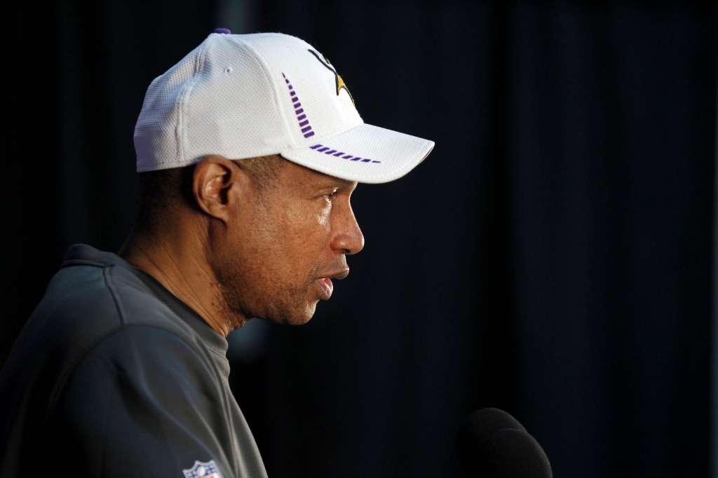 Eden Prairie MN USA Minnesota Vikings head coach Leslie Frazier talks with the media after the work outs at the Minnesota Vikings rookie minicamp at Winter Park. Mandatory Credit Bruce Kluckhohn-USA TODAY Sports