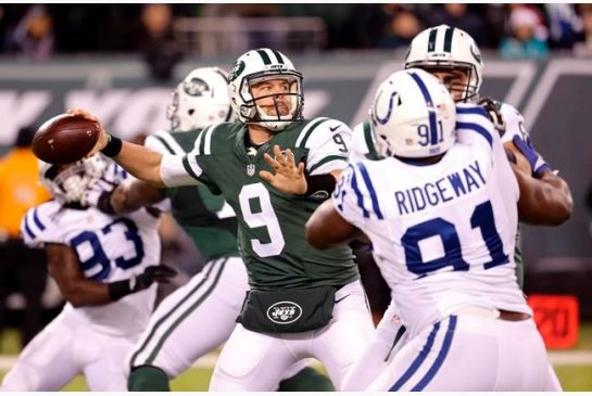 New York Jets quarterback Bryce Petty looks to throw against the Indianapolis Colts during the second half of an NFL football game Monday Dec. 5 2016 in East Rutherford N.J