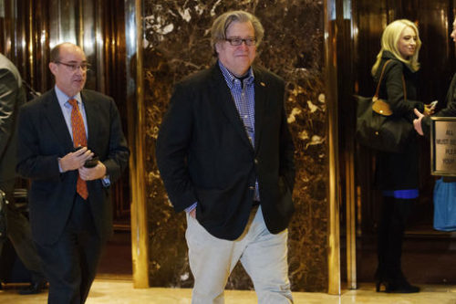 Stephen Bannon campaign CEO for President-elect Donald Trump leaves Trump Tower in New York. Trump on Sunday named Republican Party chief Reince Priebus as White House chief of staff and conservative med