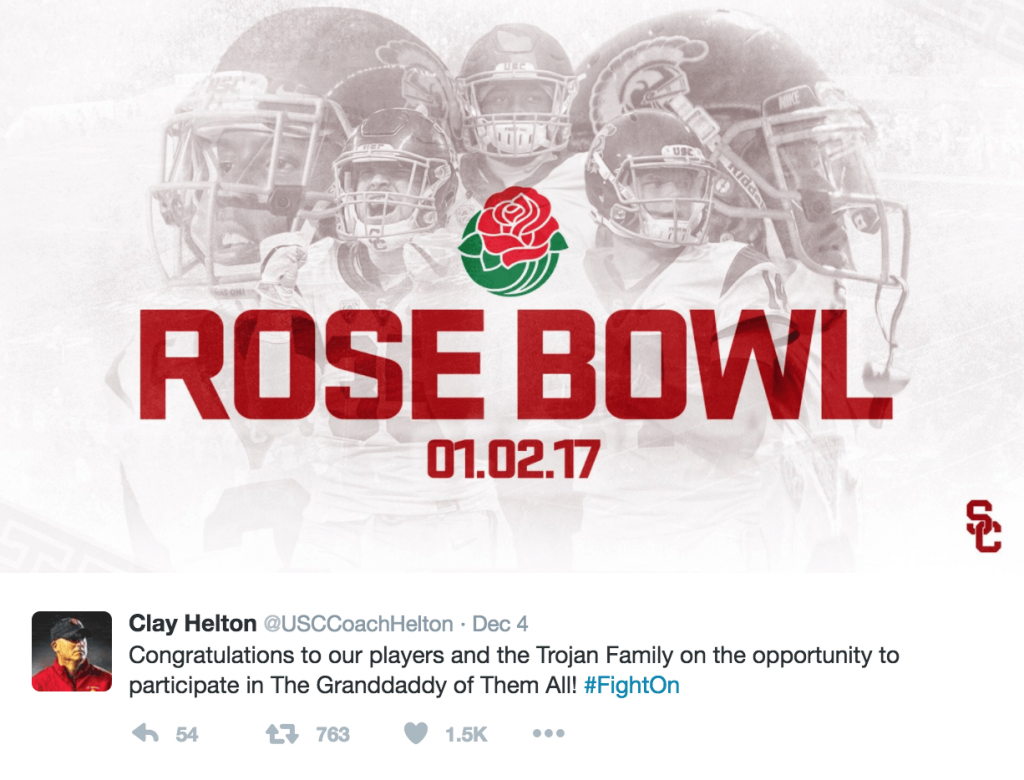 USC Head Coach Clay Helton tweeted this announcement on Sunday after Rose Bowl officials announced their selection