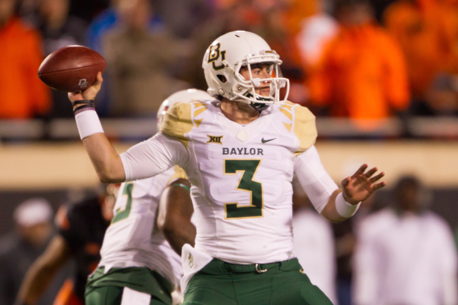 Baylor Bears quarterback Jarrett Stidham during the NCAA Big 12 conference football game between the Baylor Bears and the Oklahoma State Cowboys at Boone Pickens Stadium in Stillwater Oklahoma