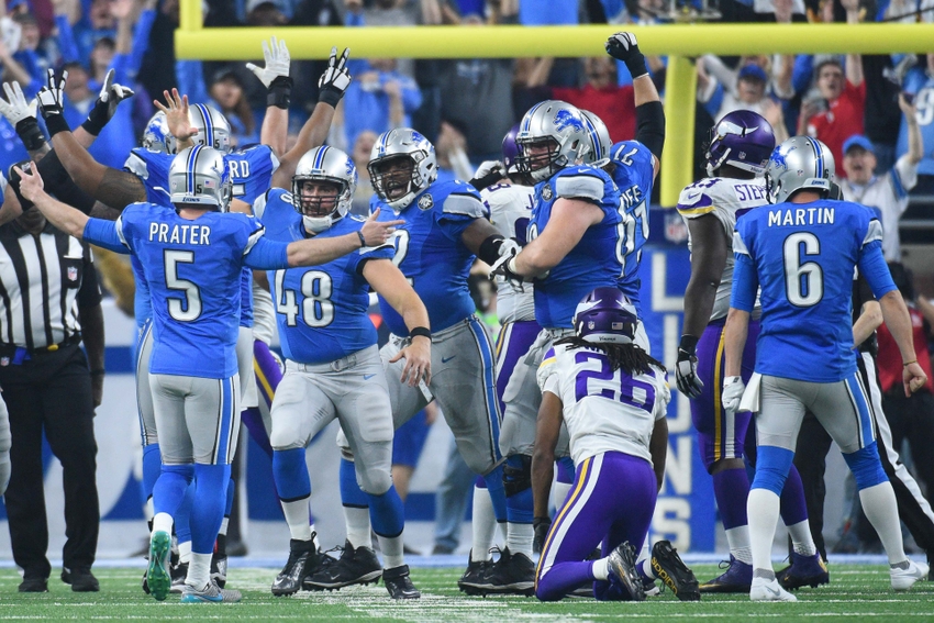 Nov 24 2016 Detroit MI USA Detroit Lions kicker Matt Prater celebrates after kicking the game winning field goal during the fourth quarter of a NFL game on Thanksgiving against the Minnesota Vikings at Ford Field. Mandatory Credit Tim Fuller-USA