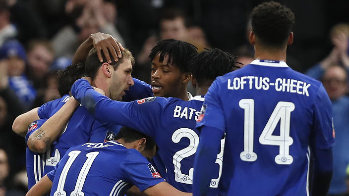 Branislav Ivanovic left is congratulated after netting against Brentford